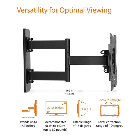 Built Tough Full Motion TV Wall Mount With Effortless Swivel And Tilt Angles For Twenty Six To Fifty Five Inch Screens Handling Up To Eighty Pounds showing adjustable arm length and tilt range.