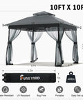 10x10 Pop Up Gazebo With Mosquito Netting And Double Roof Venting, Instant Canopy Tent For Backyard Parties, gray with carry bag