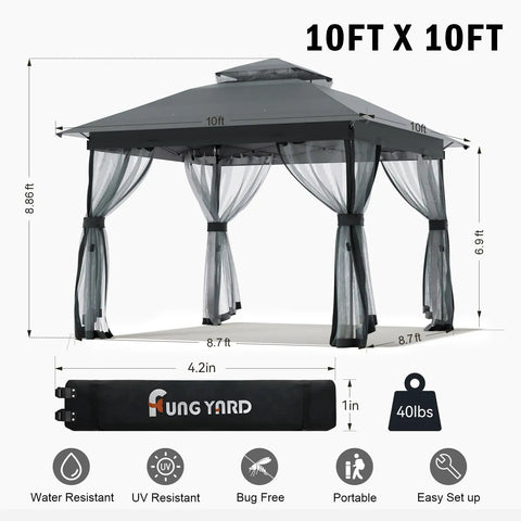 10x10 Pop Up Gazebo With Mosquito Netting And Double Roof Venting, Instant Canopy Tent For Backyard Parties, gray with carry bag