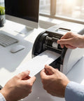 Pro Gear Thermal ID Card Printer Maintenance Kit With Five Deep Scour Sheets And One Detail Swab in use with printer.
