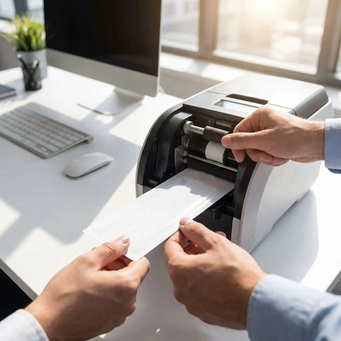 Pro Gear Thermal ID Card Printer Maintenance Kit With Five Deep Scour Sheets And One Detail Swab in use with printer.