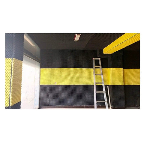 Top Notch 5 X 1 Meter Gray Acoustic Foam Wall Tiles For Music Rooms Home Gyms And Dance Studios Heavy Duty Sound Dampening Panels installed on walls.