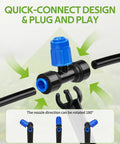 50 Feet Quick Connect Garden Watering System With Adjustable Vortex Drippers showing quick-connect design and 180° rotation.