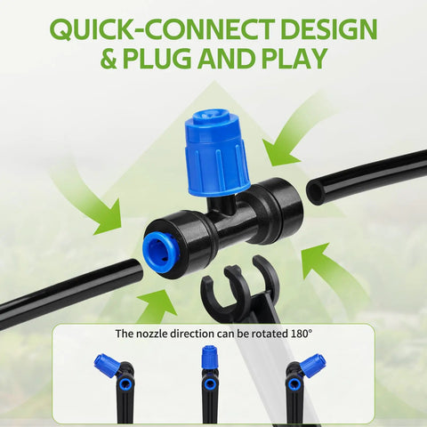50 Feet Quick Connect Garden Watering System With Adjustable Vortex Drippers showing quick-connect design and 180° rotation.