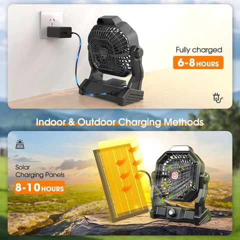 30000mAh Solar Camping Fan With 10W Solar Panel showing indoor and outdoor charging methods with plug and solar panel