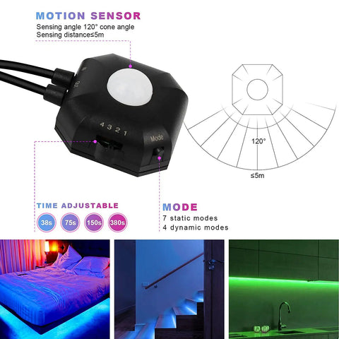 Motion Activated Under Bed Lights With 2x9.84 Ft RGB LED Strips Sensor Auto On In The Dark shown with motion sensor features