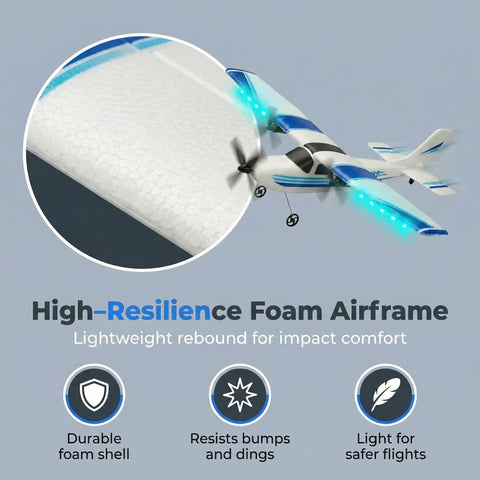 Image of Beginner Friendly 2.4GHz RC Plane With 3 Axis Gyro, highlighting lightweight EPP foam body and LED wing lights for stable flight.