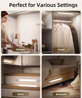 Under Cabinet Lighting With 2200mAh Rechargeable Battery, 76 LED Dimmable Closet Lights in kitchen, closet, stairs, and bedroom settings.