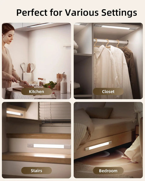 Under Cabinet Lighting With 2200mAh Rechargeable Battery, 76 LED Dimmable Closet Lights in kitchen, closet, stairs, and bedroom settings.