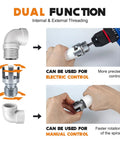 Heavy Duty PVC Pipe Threader Kit For Drill showing dual function for internal and external threading with electric and manual control.