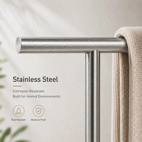 Close-up of Standing 13 Inch T Shape Towel Bar Rack Stand Made From SUS304 Stainless Steel With Brushed Finish Rust Resistant Towel Holder.