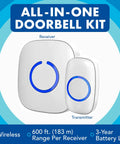 All-in-one wireless doorbell kit with receiver and transmitter, 600 ft range, No Fuss Ultra Easy Wireless Doorbell Kit.