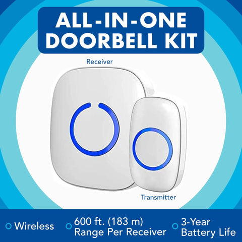 All-in-one wireless doorbell kit with receiver and transmitter, 600 ft range, No Fuss Ultra Easy Wireless Doorbell Kit.