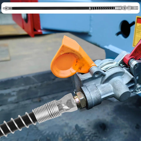Grease gun accessory kit with 18-inch spring-flex hose and metal coupler, orange guard, installed on equipment