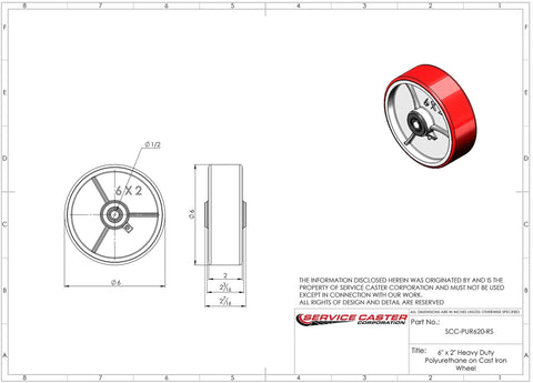 Top Tier Heavy Duty 6 Inch Red Caster Wheel Built Tough With Polyurethane On Cast Iron Body and Smooth Roller Bearings Fitted With A Half Inch Bore.