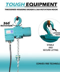 MTC crane air hoist in teal with 360° rotating hook and pendant control, chain hanging.