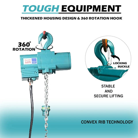 MTC crane air hoist in teal with 360° rotating hook and pendant control, chain hanging.