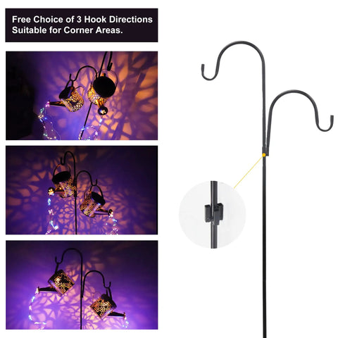 2 Pack Solar Watering Cans With Cascading Lights on shepherd hooks; metal retro lanterns with daisy pattern and auto light sensor.