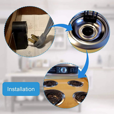 Installation guide for Go To Chrome Burner Drip Pan Set 4 Pack For 6 Inch And 8 Inch Electric Stove Tops showing plug and drip pans