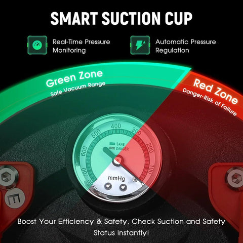 Beefy 8 Inch Electric Vacuum Suction Cup Lifter 2 Pack With 440 Lb Capacity pressure monitor showing green and red zones