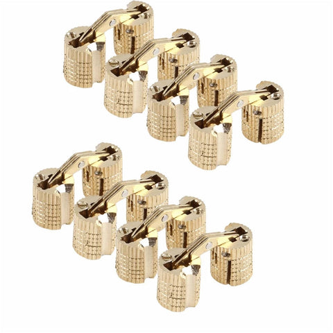 Hidden Brass Barrel Cabinet Hinges 8 Pack With Screws, 180 Degree, visible from above with sleek brass finish for small cabinets.