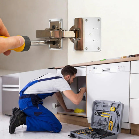 Installation of Six Pack Stainless Steel Cabinet Hinge Repair Plates With 36 Self Tapping Screws For Furniture on a kitchen cabinet