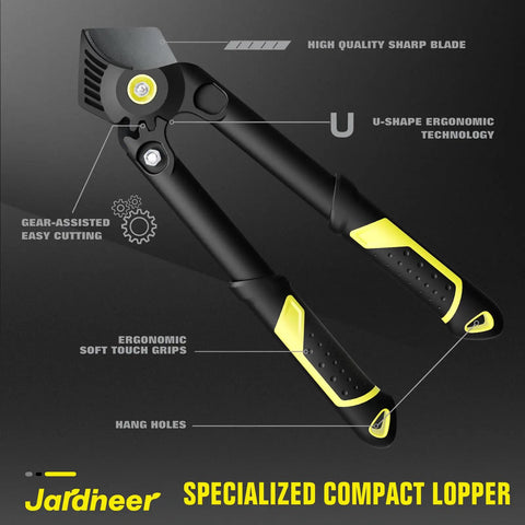 Front view of lightweight 16.5 inch garden loppers with gear assist and reinforced handles for effortless pruning of shrubs.