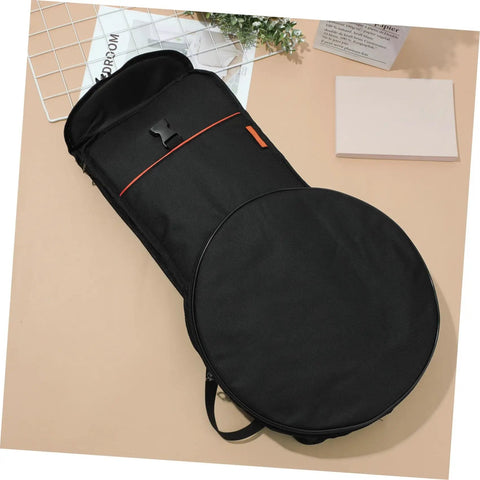 Road Ready Oxford Fabric Drum Storage Bag With Hella Tough Waterproof Seams For Packing Sticks Pedals And Percussion Gear On Long Haul Tours Or Weekend Campouts, black design with zipper and handle.
