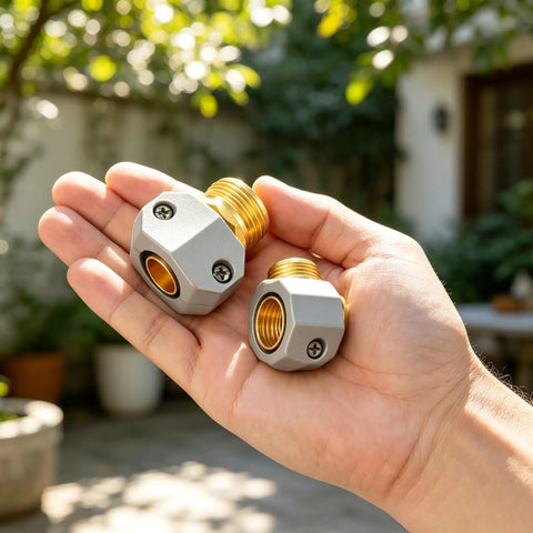 Upgrade Your Sprinkler Setup With This Solid Brass Garden Hose Repair Kit Featuring Two Sets Of Universal Connectors For 5/8 Inch And 3/4 Inch Tubes Plus Heavy Duty Male Female Mender Fittings To Fix Leaks Fast., close-up of brass hose repair connectors in hand