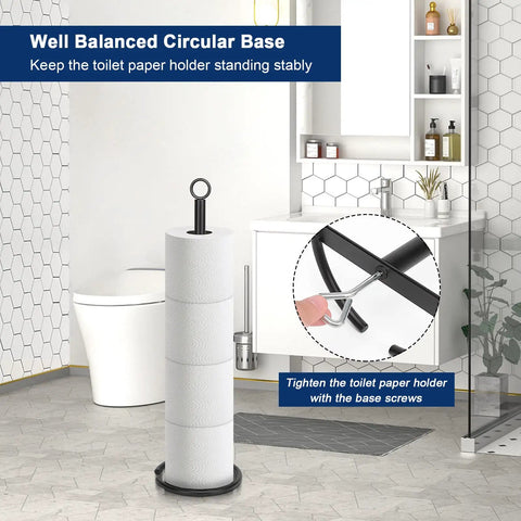 Freestanding Toilet Paper Holder Stand For 4 Rolls With Reserve, All Metal Matte Black Iron, Rustproof, Heavy Weighted Base