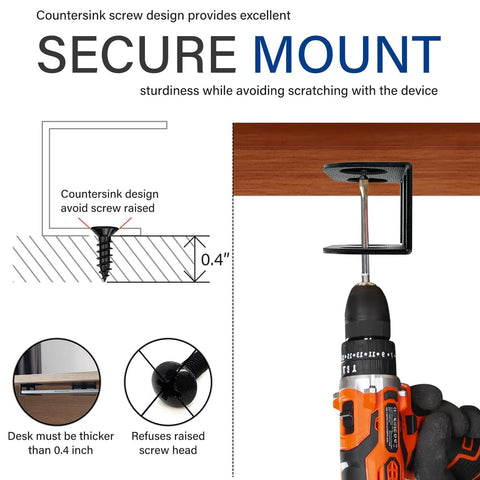 Prime Desk Real Estate Saver This Under Desk Laptop Mount shows secure mount installation with countersink screw design and drill.