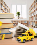 Sunflower Metal Farm Truck Decor Set of Four with Large and Mini Sunflowers in library setting, tabletop decoration