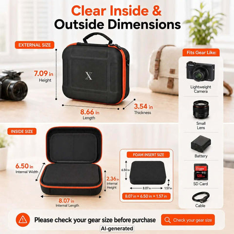 Rugged Hard Shell Case With Custom Cut Foam For Compact Mirrorless Cameras And Photo Gear dimensions and external profile view.