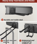 Side view of 48-Inch Wall Mounted Garage Tool Organizer with 8 hooks, heavy duty metal rack for shovels, ladders, garden tools, lawn gear.