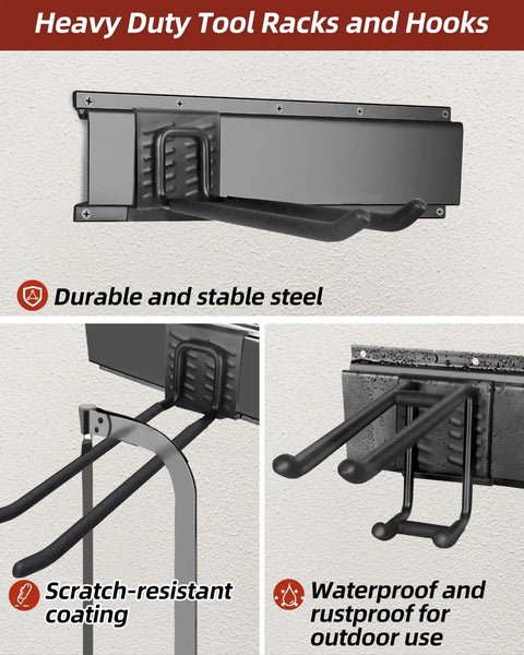 Side view of 48-Inch Wall Mounted Garage Tool Organizer with 8 hooks, heavy duty metal rack for shovels, ladders, garden tools, lawn gear.