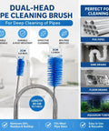 Dual-head pipe cleaning brush with blue bristles for PVC pipes, sink and floor drains, part of PVC Pipe Threader Kit For NPT 1/2 3/4 1 Inch Threads.