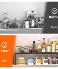 Hella Adjustable And Stackable Kitchen Cabinet Organizer, Pretty Darn Solid Metal Pantry Shelf, Sweet Cupboard And Countertop Storage Rack For Spices And Grocery Items, before and after organized pantry.