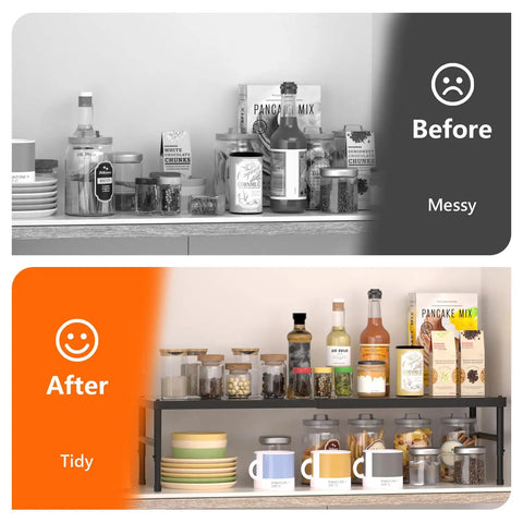 Hella Adjustable And Stackable Kitchen Cabinet Organizer, Pretty Darn Solid Metal Pantry Shelf, Sweet Cupboard And Countertop Storage Rack For Spices And Grocery Items, before and after organized pantry.