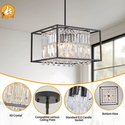 Modern Farmhouse Black Metal 4 Light Chandelier With Crystal Square Pendant Lights Industrial Pendant Light For Dining Room Kitchen Island Living Room Foyer Hallway Entryway 15.75 Inch