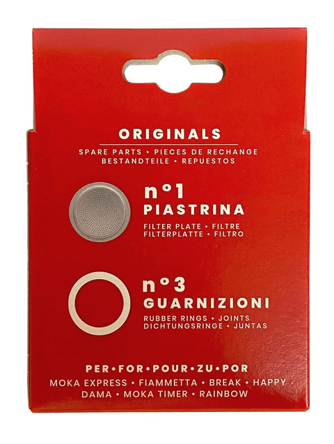 Front view: red blister-pack of moka express replacement parts with gray filter plate and gasket