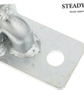 Close-up of Heavy Duty Gate Hinges 4 Piece Galvanized Iron with welded joint for barn door hardware installation.