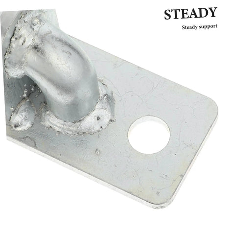 Close-up of Heavy Duty Gate Hinges 4 Piece Galvanized Iron with welded joint for barn door hardware installation.