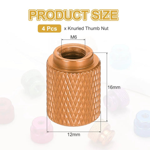 4 Pack Knurled Thumb Nuts M6, 12mm OD, 16mm Height, 6061 Aluminum Anodized Dark Orange, diagram with measurements