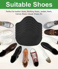 Self Adhesive Inside Shoe Heel Patches 12 Pack For Quick Hole Repair Black Interior Shields Breathable Comfort Fit To Stop Worn Areas From Spreading In Most Shoes displayed with various shoe types