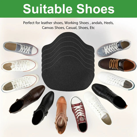 Self Adhesive Inside Shoe Heel Patches 12 Pack For Quick Hole Repair Black Interior Shields Breathable Comfort Fit To Stop Worn Areas From Spreading In Most Shoes displayed with various shoe types