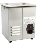 Heavy Duty Digital Ultrasonic Cleaner Built Tough With Stainless Steel Tank, side view with control panel and outlet.
