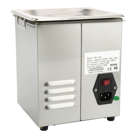 Heavy Duty Digital Ultrasonic Cleaner Built Tough With Stainless Steel Tank, side view with control panel and outlet.