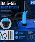 Heavy Duty 55 Gallon Drum Pump With Ergonomic Lever Handle For Moving Motor Oil Diesel Fuel Water Alcohol Kerosene And Gear Oil fitted on blue drum with detailed manual pump features.