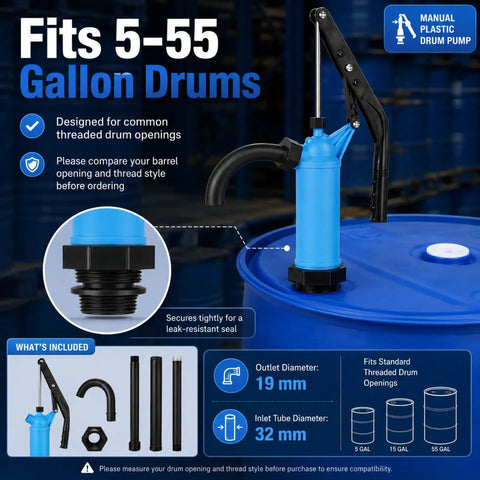 Heavy Duty 55 Gallon Drum Pump With Ergonomic Lever Handle For Moving Motor Oil Diesel Fuel Water Alcohol Kerosene And Gear Oil fitted on blue drum with detailed manual pump features.