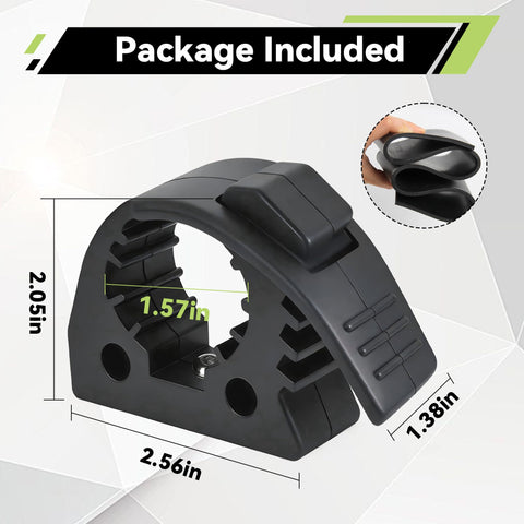 Rugged Truck Shovel Holder With Quick Release Rubber Clamp Mount Kit showing dimensions and rubber flexibility detail